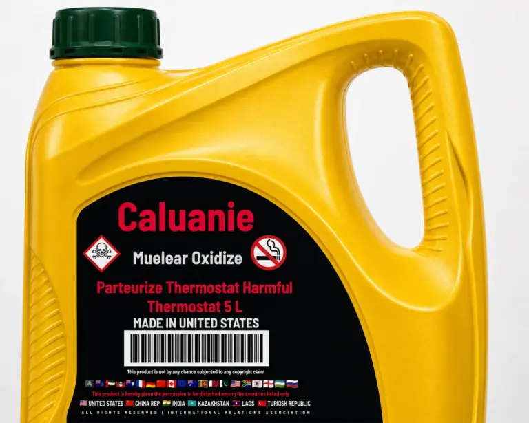 Close-up of Caluanie Muelear Oxidize 5L yellow container handle and black product label