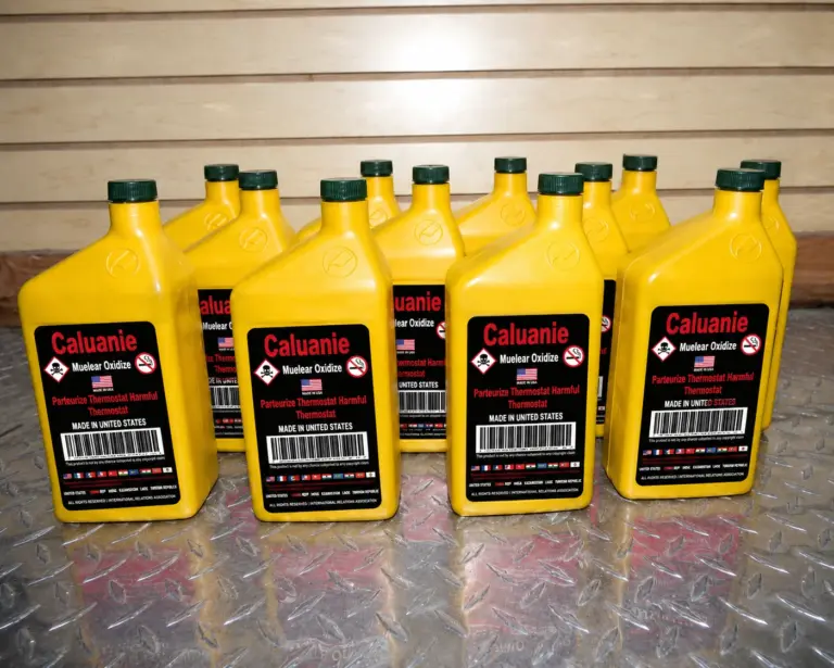 Multiple yellow Caluanie Muelear Oxidize bottles with dark green caps arranged for bulk industrial supply